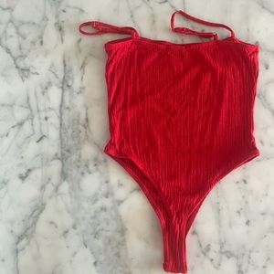 Red Revamped Ribbed Square-neck bodysuit
